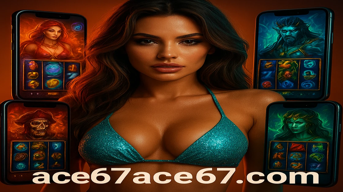 মারমাইড-থিমযুক্ত বিকিনি পরা এক নারী ace67-এর জ্বলন্ত চরিত্রসমৃদ্ধ ফ্যান্টাসি-থিমা মোবাইল স্ক্রিনগুলোর মাঝে দাঁড়িয়ে আছেন।
