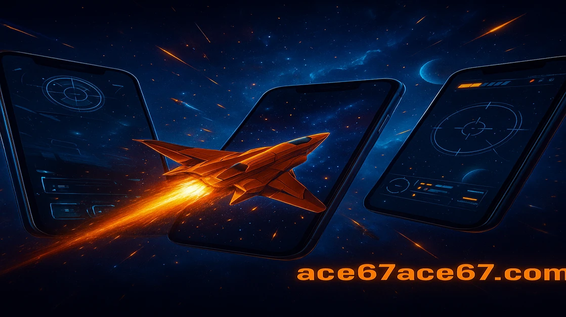 ace67-র গেমিং প্ল্যাটফর্মের বিস্ফোরণময় দৃশ্য: ট্যাবলেট স্ক্রিন থেকে জ্বলন্ত লাল বিমান বেরিয়ে আকাশে উড়ছে, চারপাশে অন্যান্য বিমান ও গেম উপাদানগুলো ঘিরে আছে।