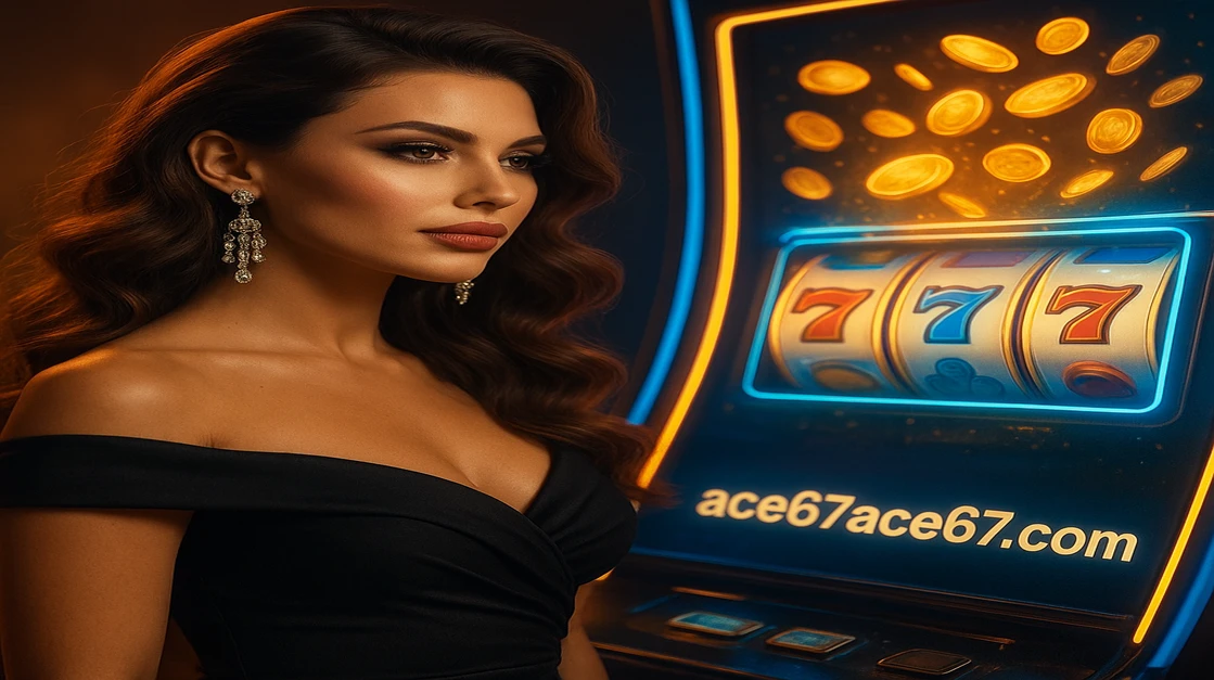 ace67 গেমিং প্ল্যাটফর্মের জন্য জ্বলন্ত আর্কেড গেমটির পাশে দাঁড়িয়ে এক মার্জিত নারী, গাঢ় পোশাক পরিহিত, যেখানে বিশেষ নকশা ও উড়ন্ত সোনালি কয়েনের ঝলক দেখা যায়।