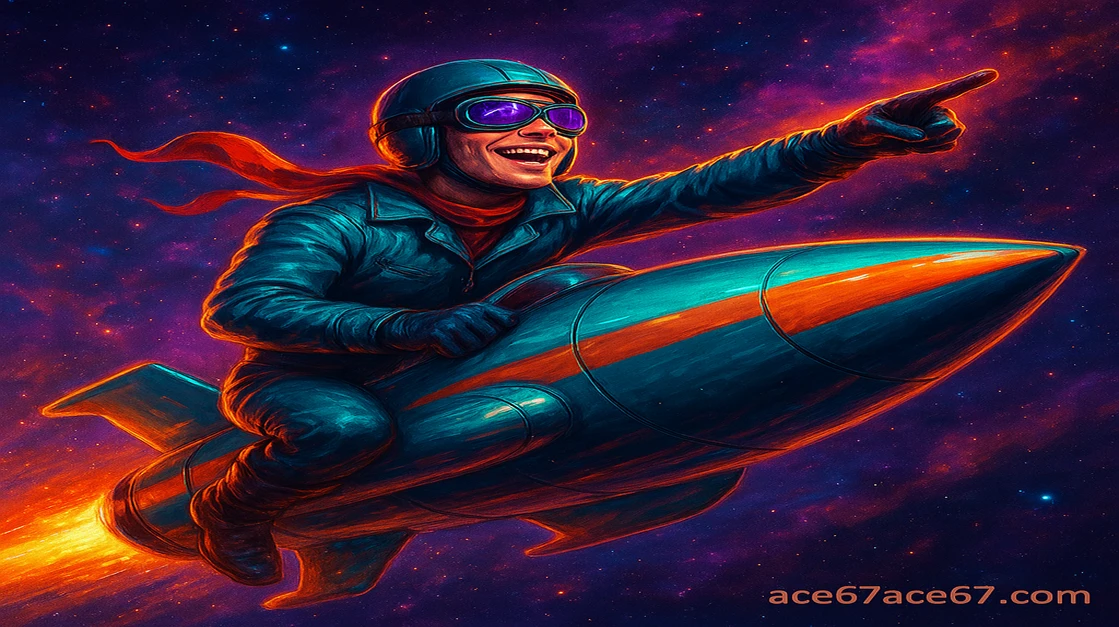 ace67 ব্র্যান্ডের একটি কার্টুন চরিত্র, ভবিষ্যৎ-পাইলট স্যুট ও সানগ্লাস পরা, রকেট ধরে রঙিন গ্যালাক্সি ভেদ করে যাচ্ছে; নিচে জেটএক্স শিরোনাম জ্বলছে।
