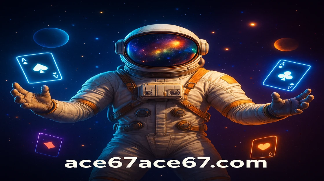 ace67 ব্র্যান্ডের একজন আলোকিত নভোচারী স্পেসসুট পরে, 'স্পেসম্যান' লেখা লেবেলসহ, মহাশূন্যে গ্রহ ও কন্ট্রোল প্যানেলের মাঝে ভেসে আছে।