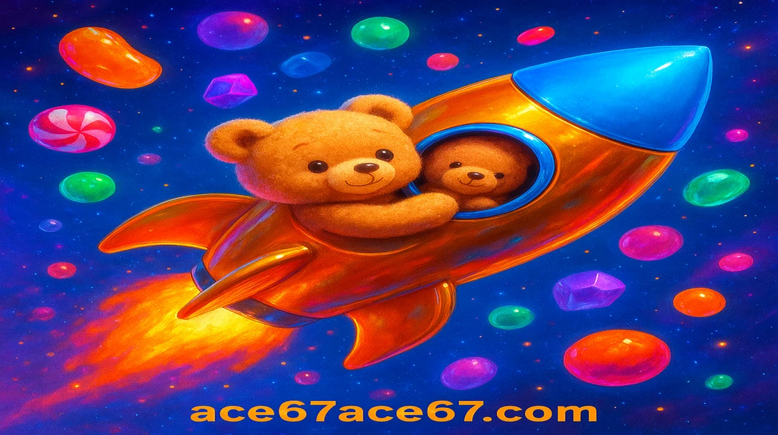 ace67 ব্র্যান্ডের একটি মিষ্টি টেডি বিয়ার সোনালি রকেটে চড়ে, মহাশূন্যে উড়ন্ত রঙিন ক্যান্ডি ও মিষ্টান্নে ঘেরা।