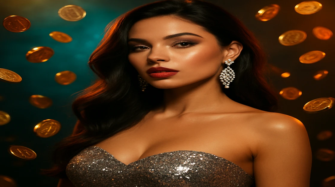চমকপ্রদ পোশাক পরা এক নারী, ভাসমান সোনালি মুদ্রা ও জ্বলন্ত ace67 প্ল্যাটফর্ম-থিমযুক্ত পটভূমি সহ।