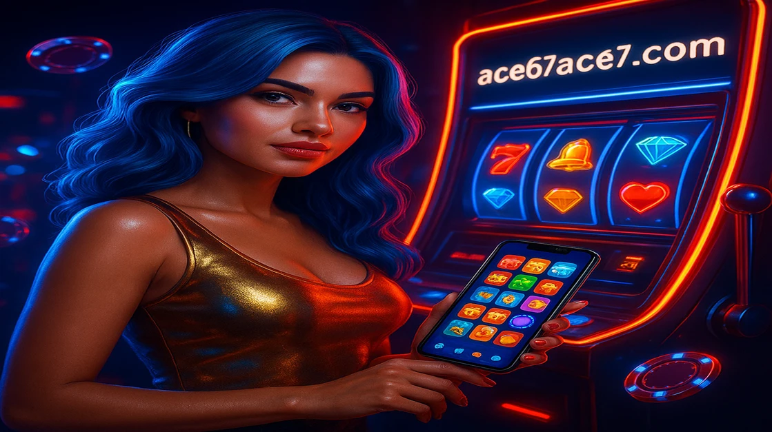 নীল চুলের কার্টুন-স্টাইল নারী ace67 সোনালি টপ পরে একটি ফোন ধরেছেন; চারপাশে রঙিন গেম-টোকেন ও লগইন স্ক্রিন রয়েছে।