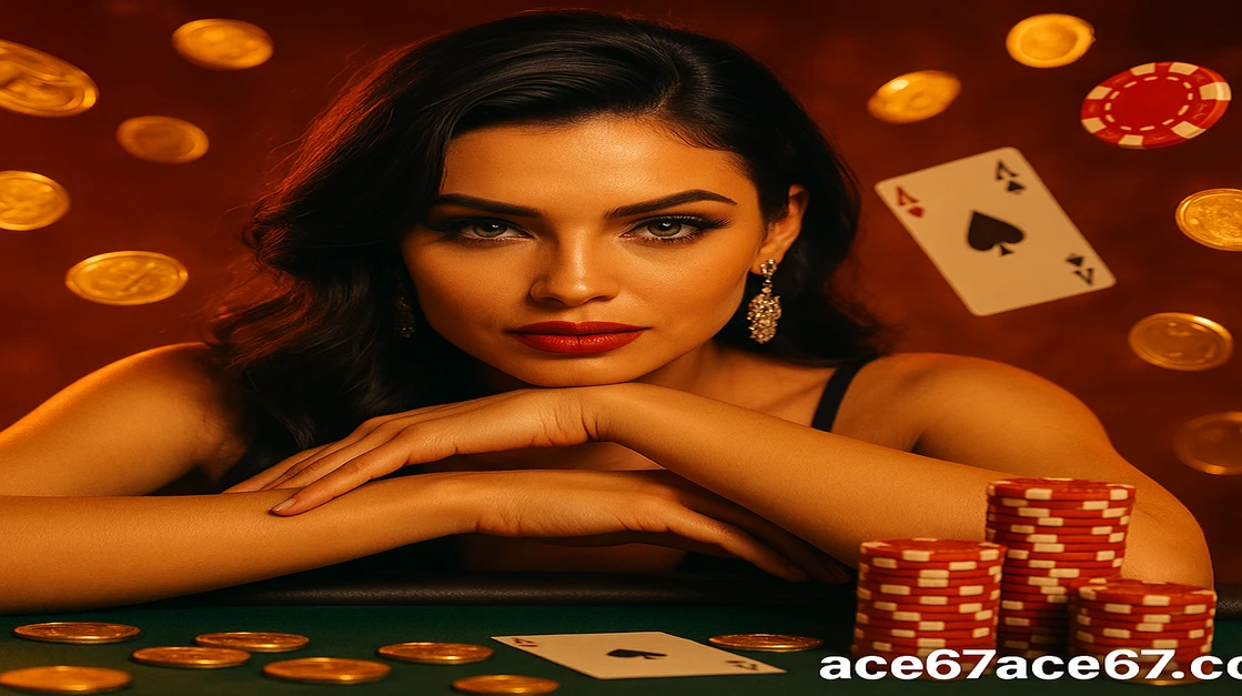 গাঢ় রঙের পোশाक পরা এক নারী ace67 গেমিং প্ল্যাটফর্ম-টেবনের পাশে হালকা ভর দিয়ে দাঁড়িয়ে আছেন; চারপাশে উড়ে থাকা কার্ড ও স্বর্ণ মুদ্রা ছড়িয়ে আছে, লগইন লেখা দেখা যাচ্ছে।